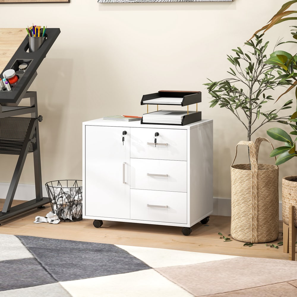 Buffet HOMCOM tiroirs ouverts sur ses roulettes