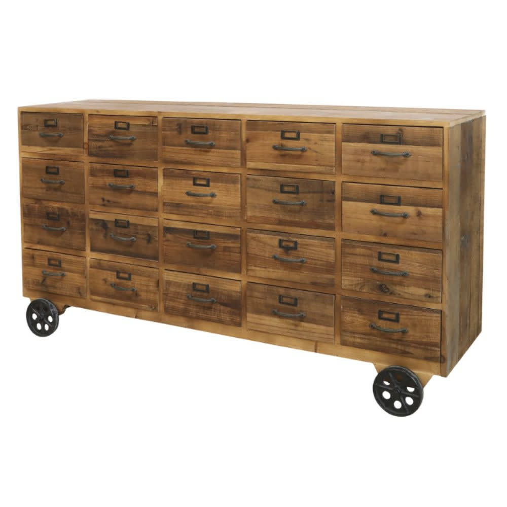 Grand buffet comptoir CHEMIN DE CAMPAGNE 156 cm avec 20 tiroirs en bois et fer noir