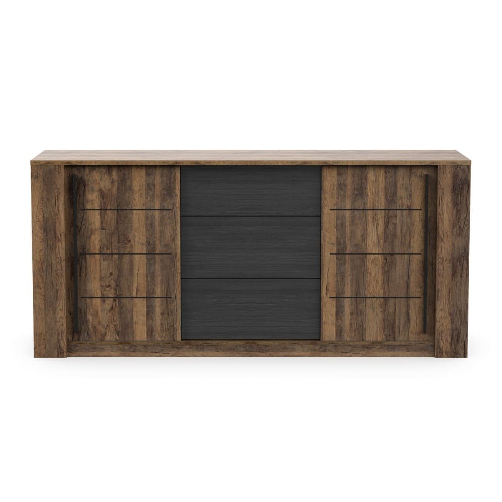 Grand buffet enfilade MONACO effet bois foncé 206 cm avec 2 portes coulissantes