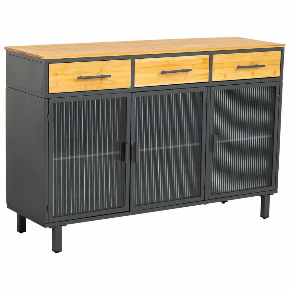 Buffet ECLIPSE noir en verre métal et bois 120 cm avec trois tiroirs