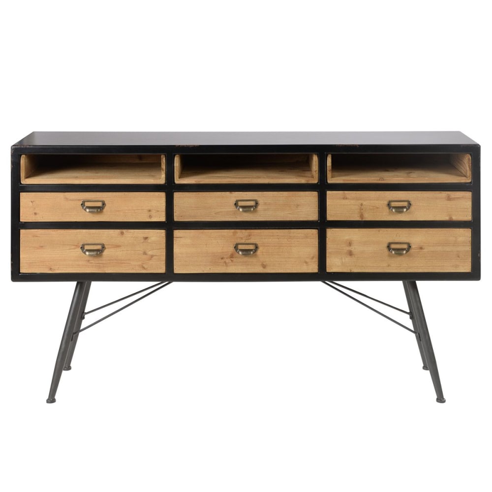 Buffet bahut industriel HIGHLAND noir et sapin massif avec 6 tiroirs et 3 niches