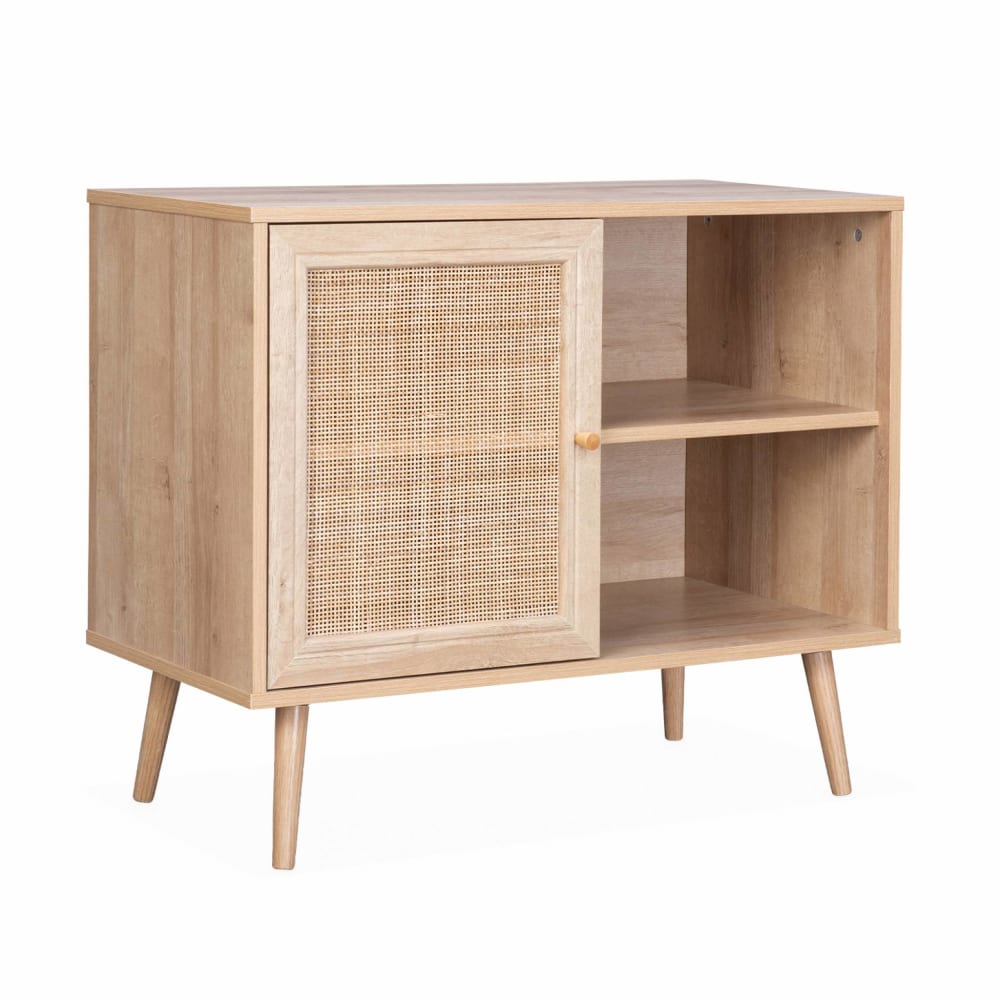 Petit buffet SWEEEK en cannage et décor bois 80 cm avec pieds compas