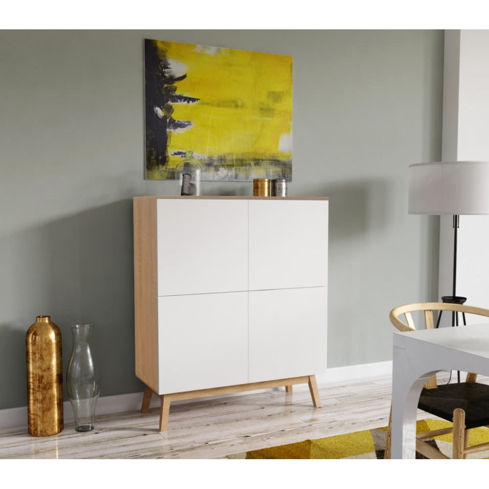 Buffet HOME blanc et chêne blanchi 100 cm sur piètement massif