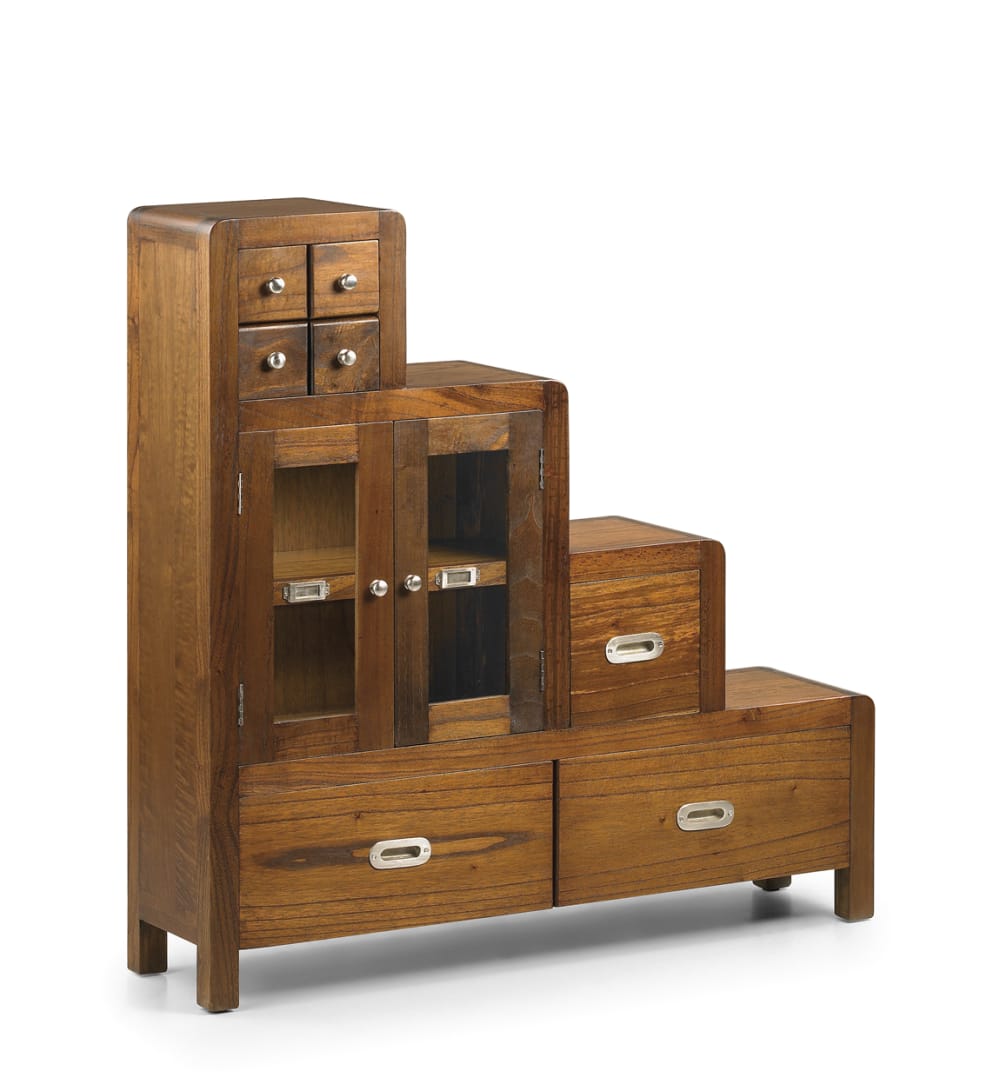 Buffet vitrine escalier FLASH en bois de mindi 98 cm avec 7 tiroirs