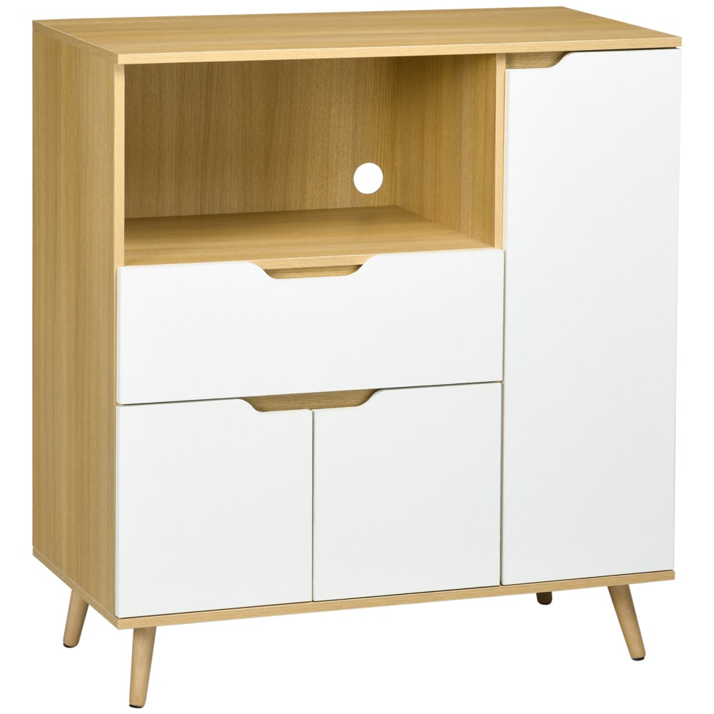 Petit buffet de cuisine HOMCOM blanc et bois naturel 90 cm avec niche micro-ondes