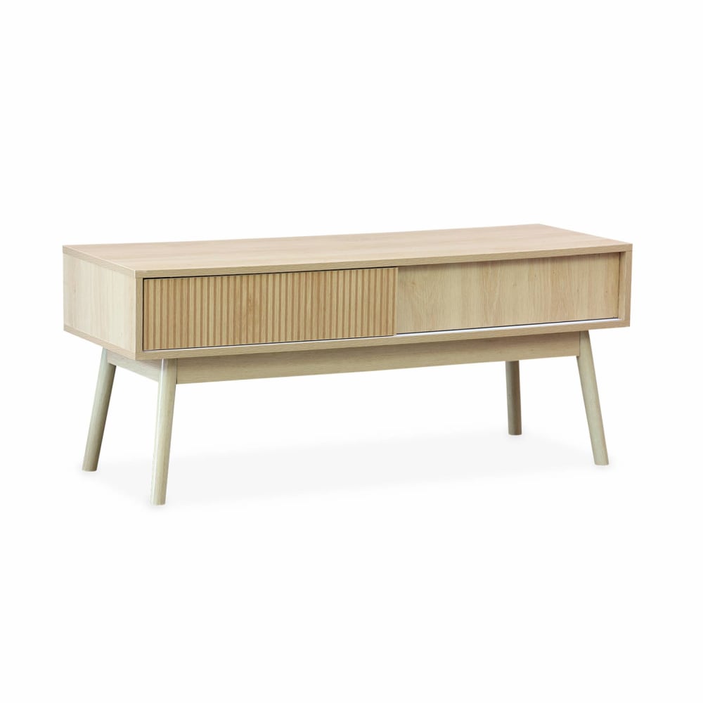 Buffet bas LINEAR décor bois 115 cm avec 2 portes coulissantes et pieds en pin massif