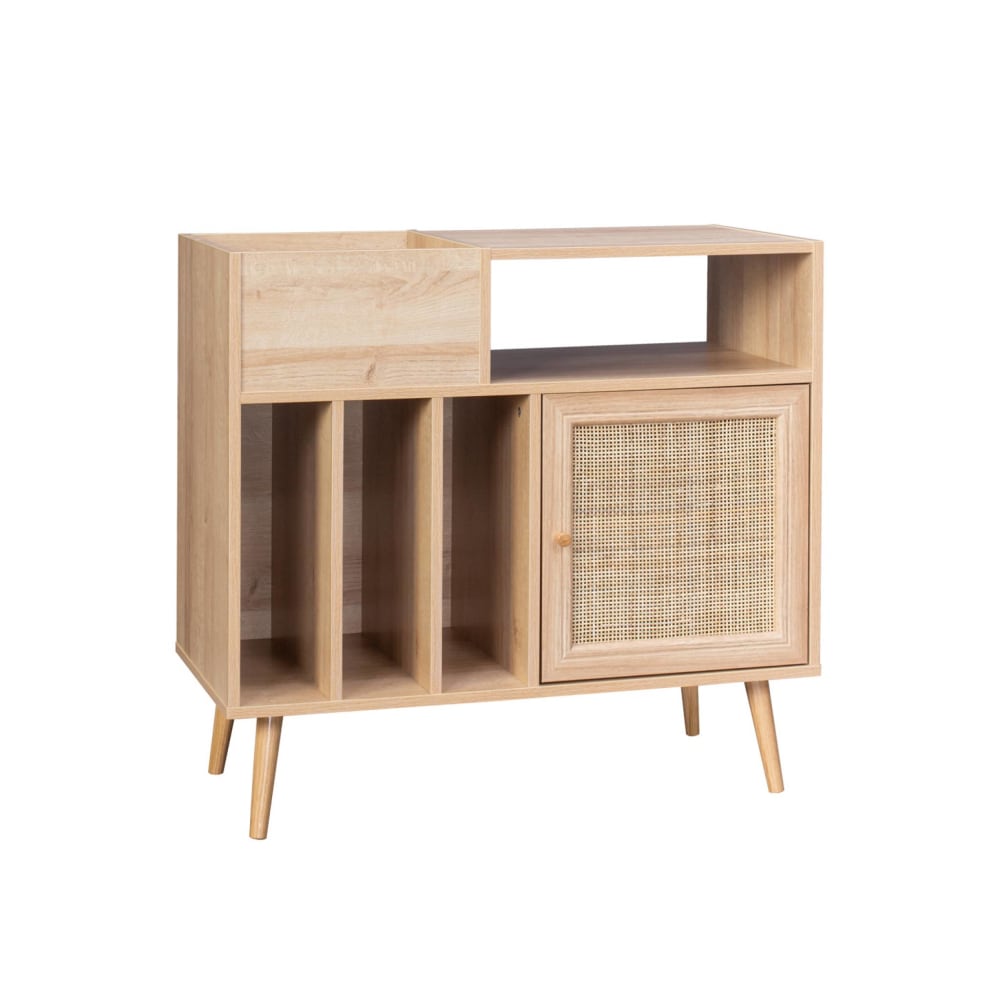 Petit buffet vinyles SWEEEK en cannage et décor bois 83 cm avec casiers à disques