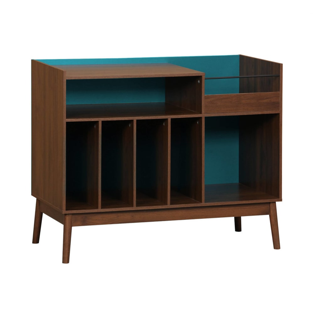 Petit buffet vinyles NEPAL décor bois foncé et bleu pieds compas 100 cm
