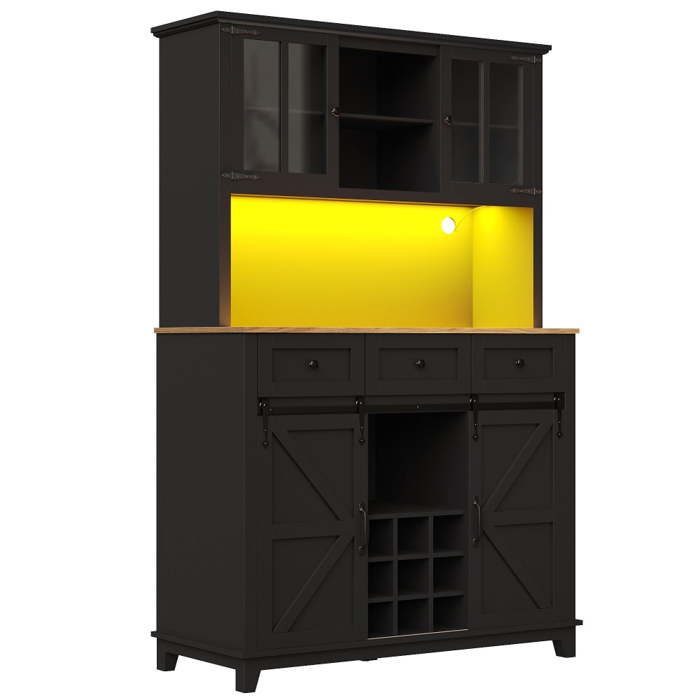 Vaisselier de cuisine URBAN MEUBLE noir 105 cm avec portes vitrées et éclairage LED