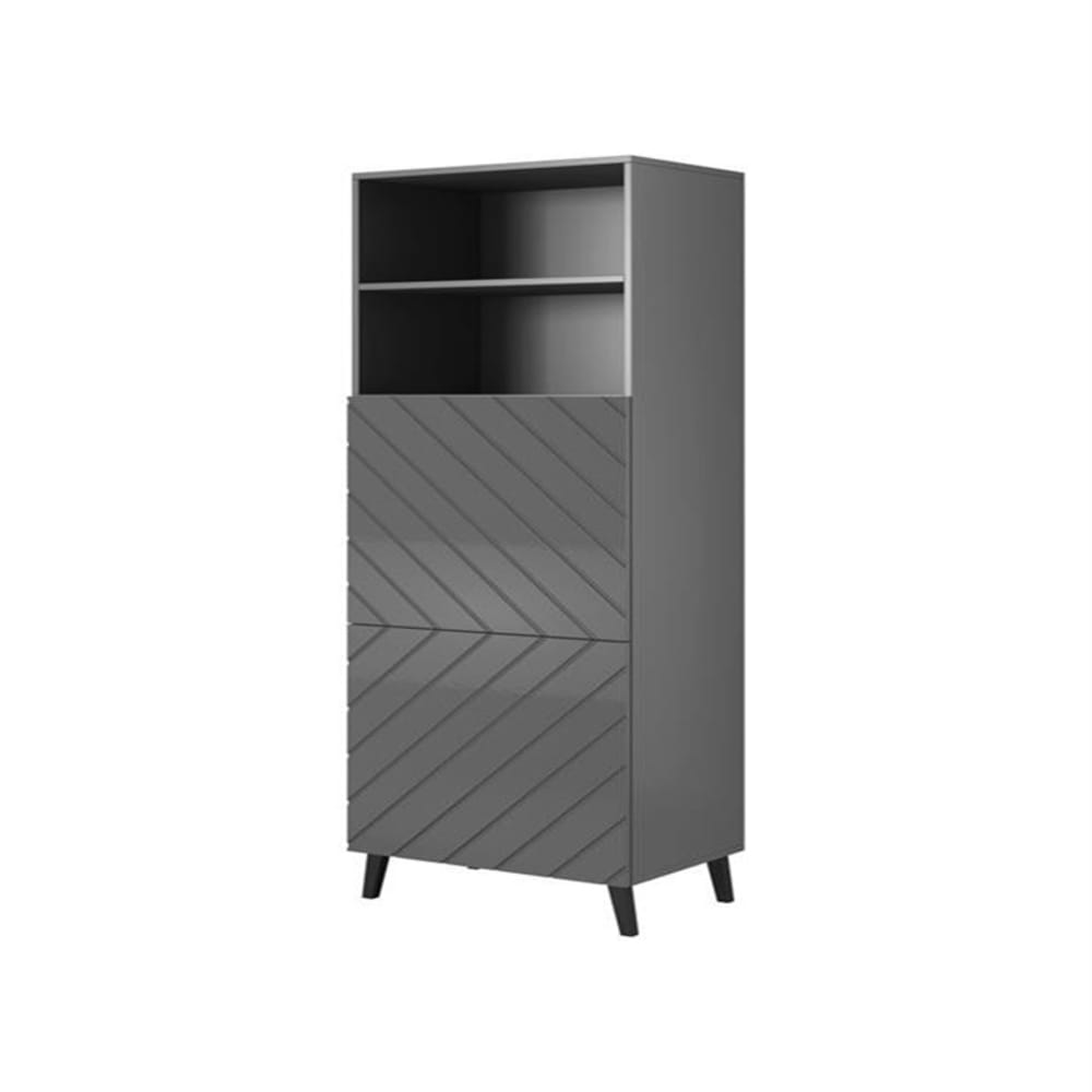 Vitrine YAKA grise 60 cm de large avec 2 portes vitrées et 6 étagères